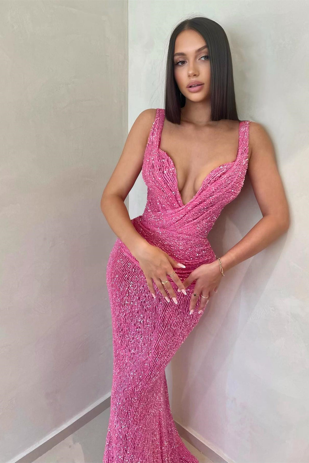Gorgeous Pink Straps Mermaid Sequins Prom Dress V Neck Silhouette