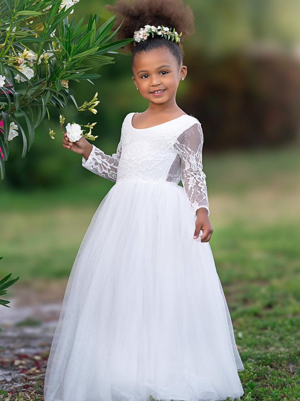 Ivory Peony Lace Long Sleeve A Line Tulle Tutu Flower Girl Party Dress