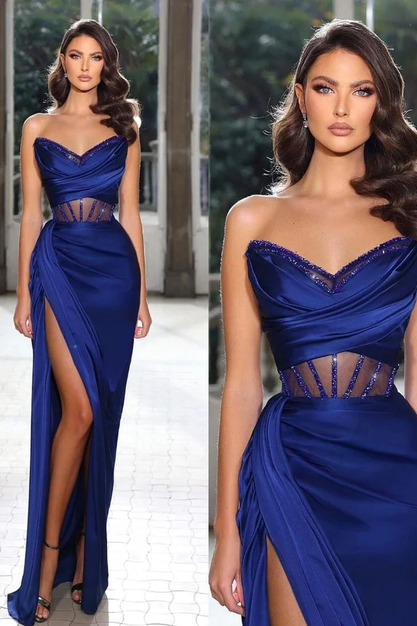 Strapless Sleeveless Long Mermaid Prom Dress With Pleated Split