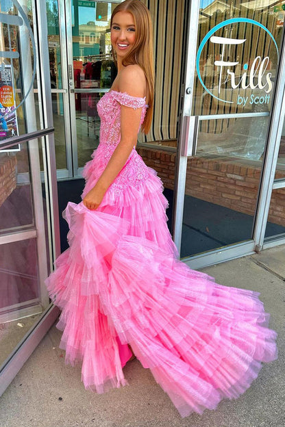 Vestido de fiesta largo de tul rosa con volantes y apliques, hombros descubiertos, de Roycebridal