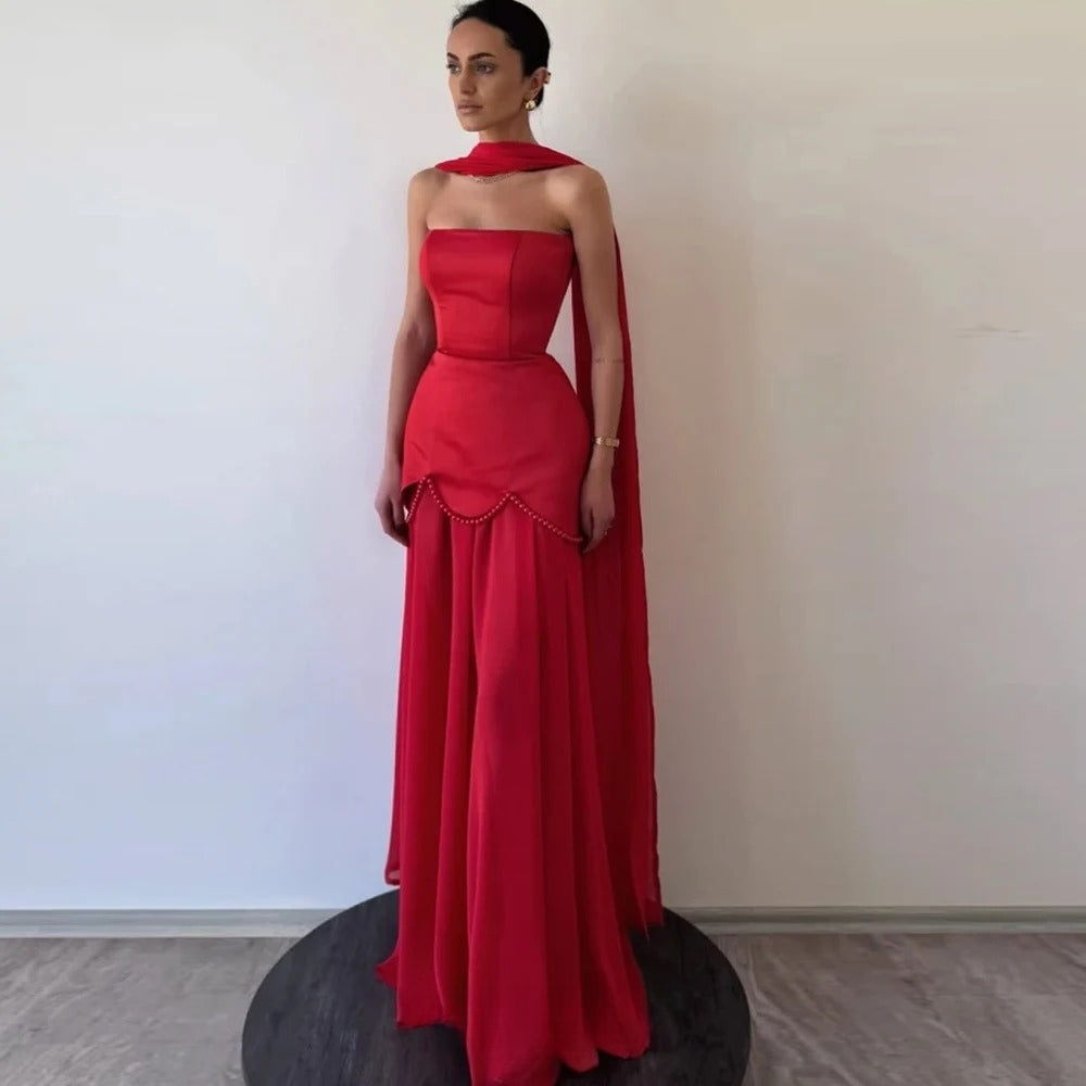 Red Elegant Women Evening Dresses Strapless Pearls Luxury Women Party Gown Customized Formal Occasion Gown for Lady