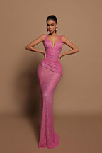 Sexy Pink Long Sequined Prom Dress V Neck Mermaid Sleeveless