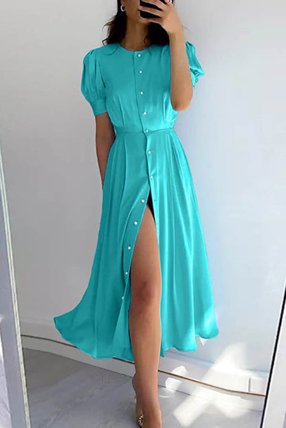 Schickes und klassisches Midikleid mit Puffärmeln, Perlenknöpfen und Schlitz 