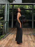 Nibber Red Shiny Spaghetti Strap Maxi Dress Women Solid Sexy Backless Ruched Cleavage Body-shaping Robe Lady Hipster Streetwear