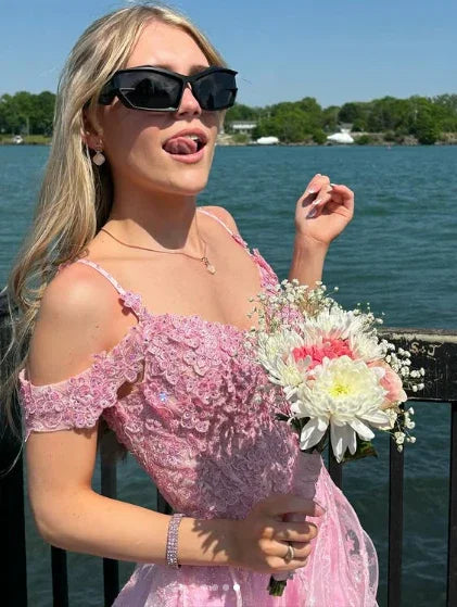Vestido largo de fiesta rosa con hombros descubiertos, encaje esponjoso y apliques florales, vestido de noche Y7846