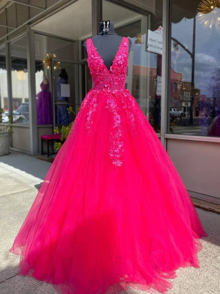 Abiti da sera formali lunghi in pizzo rosa con scollo a V, abiti da ballo in pizzo rosa con scollo a V Y227