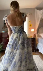 Robe longue de bal à imprimé floral bleu en ligne A Robe de soirée bleue Y2560