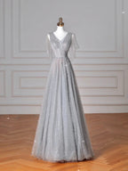Abito da sera grigio scintillante in tulle con paillettes, linea a trapezio, scollo a V sensuale Y8638