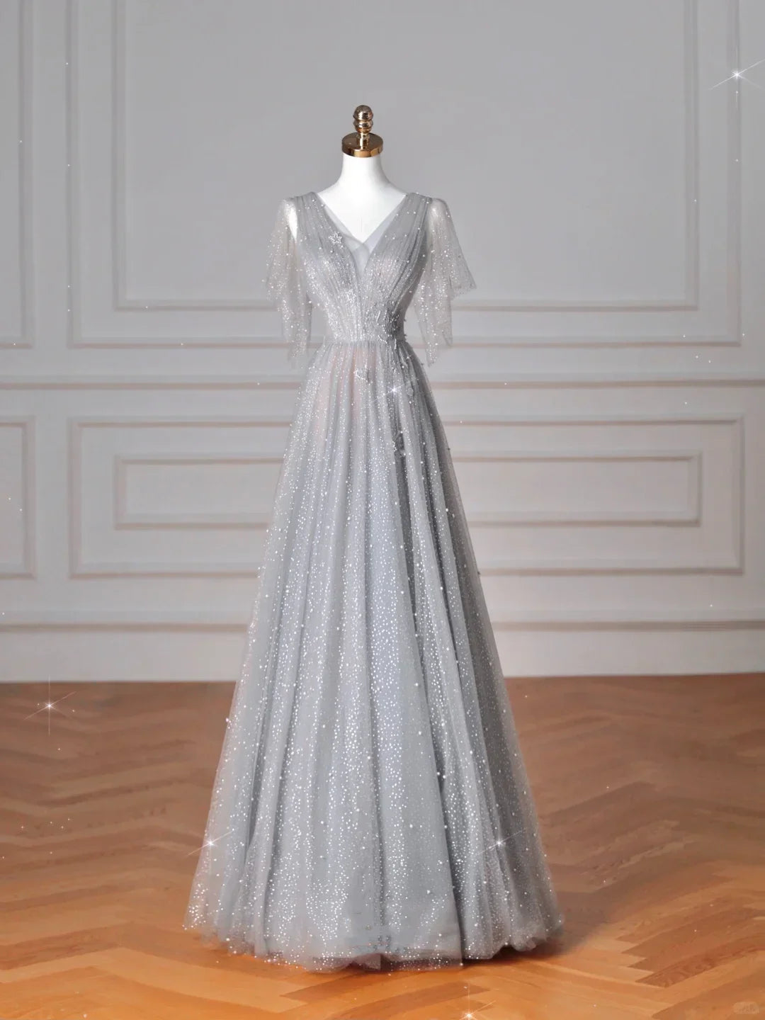 Abito da sera grigio scintillante in tulle con paillettes, linea a trapezio, scollo a V sensuale Y8638