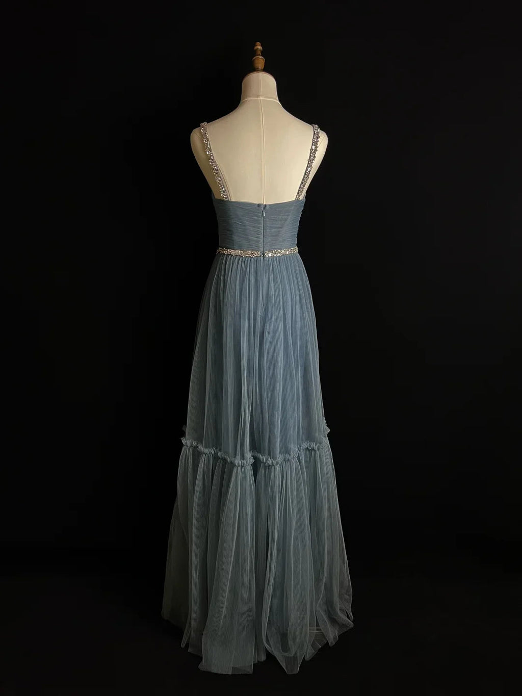 Robe de soirée simple en tulle bleu perlé, coupe évasée, bretelles fines, col en V, robe de bal Y8649