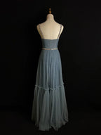 Robe de soirée simple en tulle bleu perlé, coupe évasée, bretelles fines, col en V, robe de bal Y8649