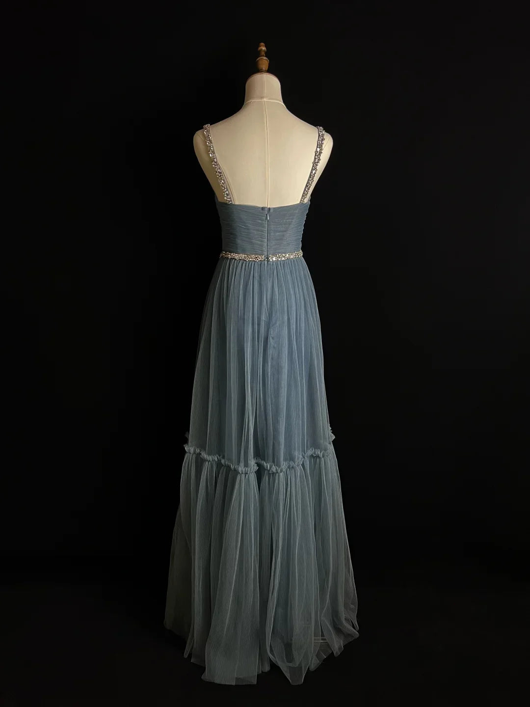 Robe de soirée simple en tulle bleu perlé, coupe évasée, bretelles fines, col en V, robe de bal Y8649