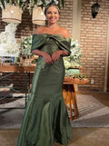 Vestido de noche formal sirena vintage verde con lazo y escote a los hombros de satén para baile Y8269