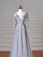 Elegante abito da sera blu con scollo a V, paillettes, perline e tulle, linea ad A, senza schiena Y8644