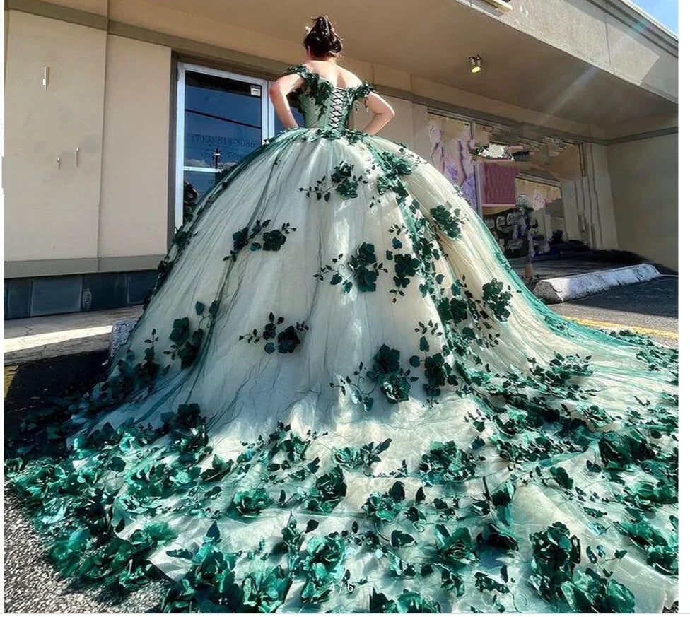 Abito da ballo verde con spalle scoperte, fiori 3D, perline e applicazioni, abito dolce 15 16 per festa di quindici anni e ballo di fine anno Y292