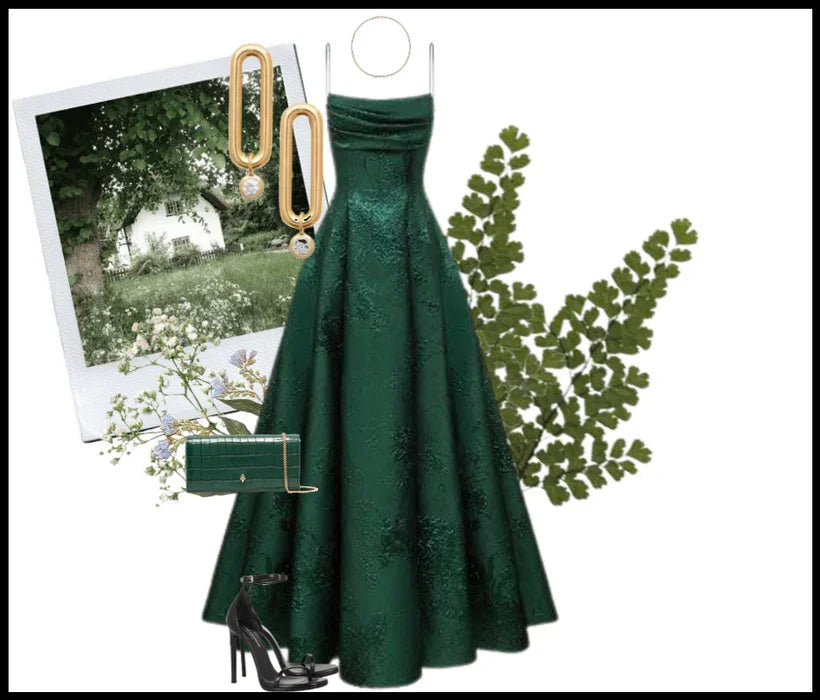 Abito da sera verde smeraldo a linea ad A con spalline sottili, abito elegante da sera Y1799