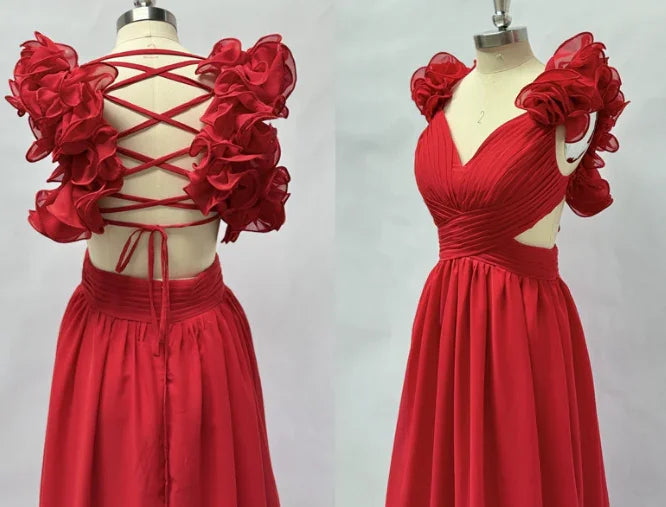 Abiti da cerimonia in chiffon a linea ad A con volant per donna, scollo a V, abiti lunghi da damigella, abiti da sera formali senza schienale Y3043