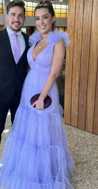 Vestido de baile roxo em tule com decote em V e corte evasê, vestido de noite roxo Y2884