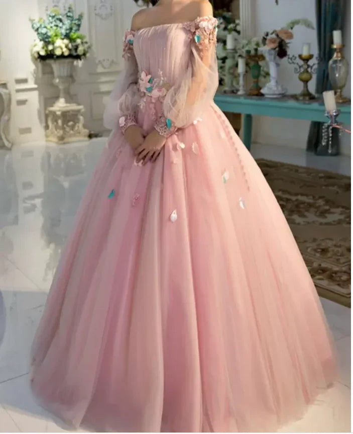 Abito da Ballo Manica Lunga, Abito da Ballo Lungo Fiabesco Floreale Rosa Perla S24387