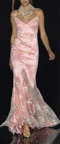 Abito da sera formale sirena in raso con pizzo e spalline sottili rosa Y8408