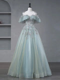Abito da sera elegante in tulle blu con applicazioni, linea a trapezio, scollo a barca, abito da ballo Y8372