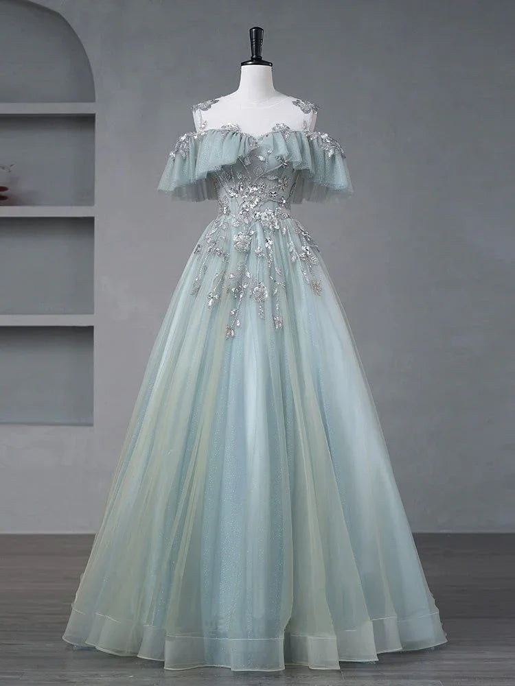 Abito da sera elegante in tulle blu con applicazioni, linea a trapezio, scollo a barca, abito da ballo Y8372