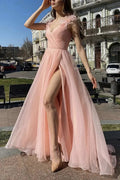 Elegante abito lungo da sera rosa in tulle con scollo a V e spacco alto, abito formale rosa in tulle per laurea Y1296
