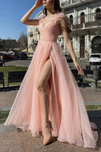 Elegante abito lungo da sera rosa in tulle con scollo a V e spacco alto, abito formale rosa in tulle per laurea Y1296