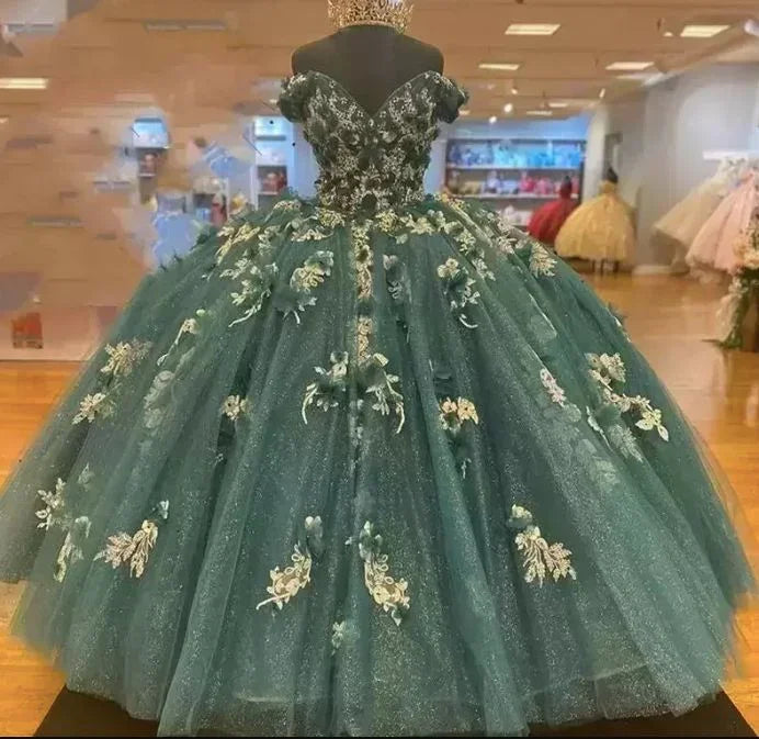 Abiti verde scuro per Quinceañera con spalle scoperte, abito da principessa per concorso, abito da ballo con fiori Y4432