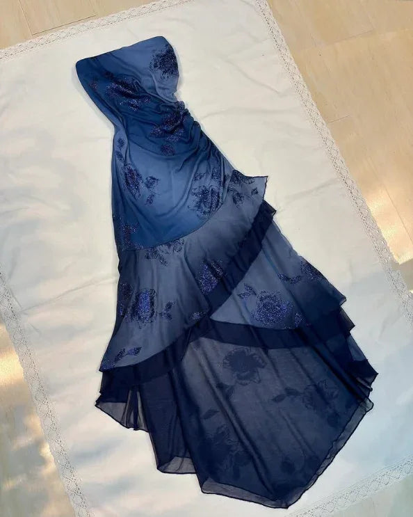 Charmantes marineblaues trägerloses mehrlagiges Meerjungfrauen-Abendkleid Ballkleid Y7811