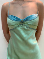 Sexy Spaghetti Straps Green Satin Beaded Prom Evening Dress Y7757