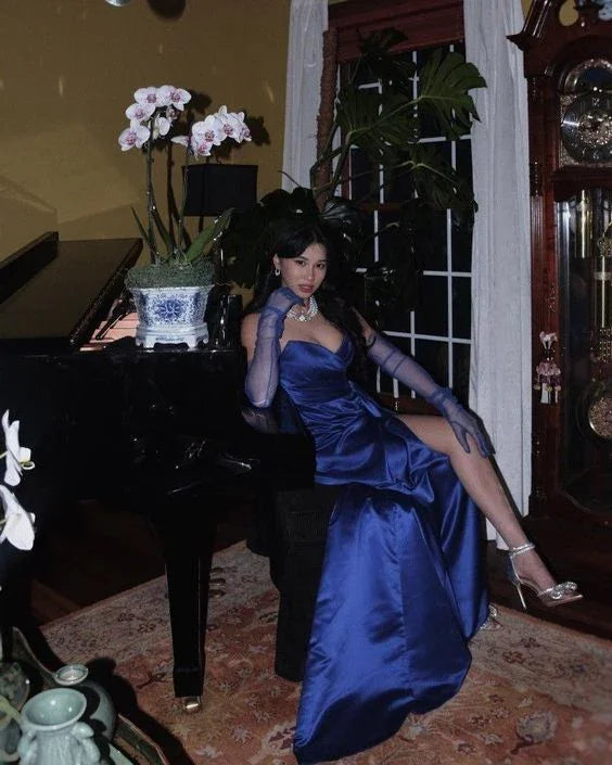 Vestido longo de noite elegante em cetim azul, vestido de concurso Y2621