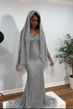 Crimson Ruby Heiress Mermaid Gown With Hand Beaded Crystal Encrusted Hooded Veil