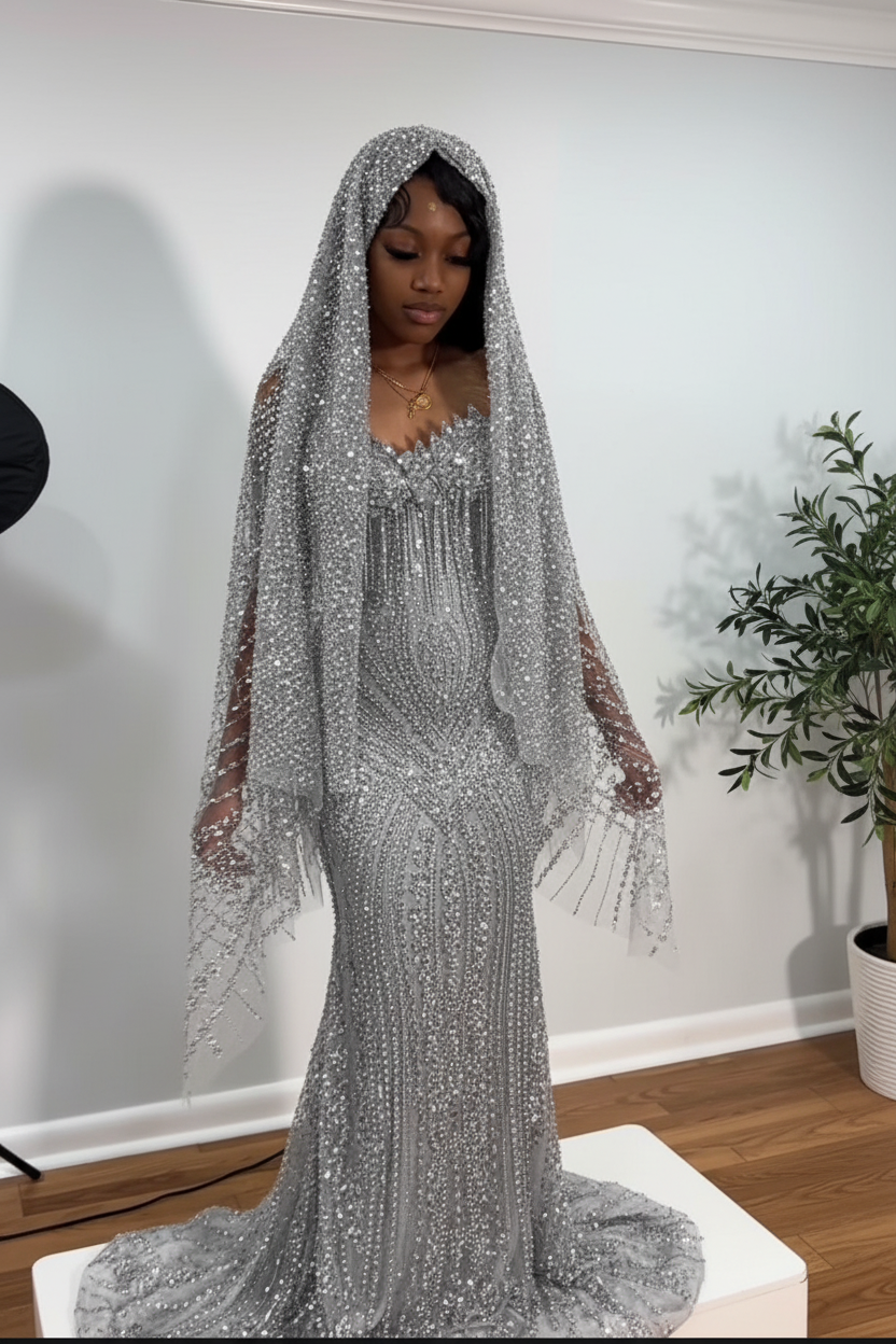 Crimson Ruby Heiress Mermaid Gown With Hand Beaded Crystal Encrusted Hooded Veil