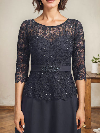 A-Linie, U-Ausschnitt, Illusion, knöchellang, Chiffon, Spitze, Kleid für die Brautmutter mit Strass-Perlen 