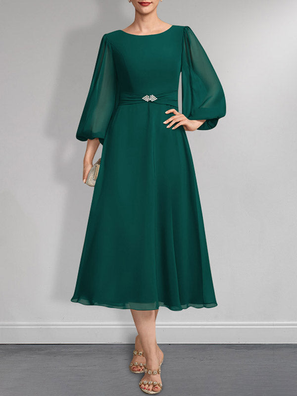 A-Linie U-Ausschnitt Wadenlang Chiffon Mutter der Braut Kleid Mit Kristall Brosche Plissee
