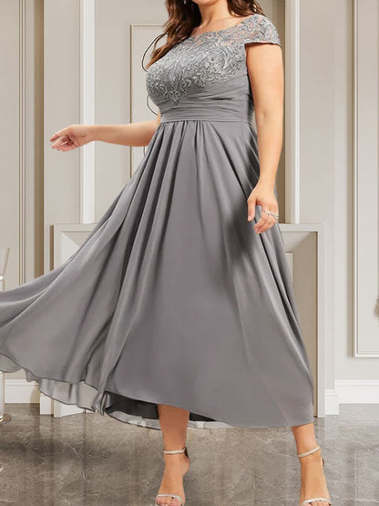 A-Linie U-Ausschnitt Bodenlang Spitzen-Chiffon-Kleid für die Brautmutter mit Pailletten