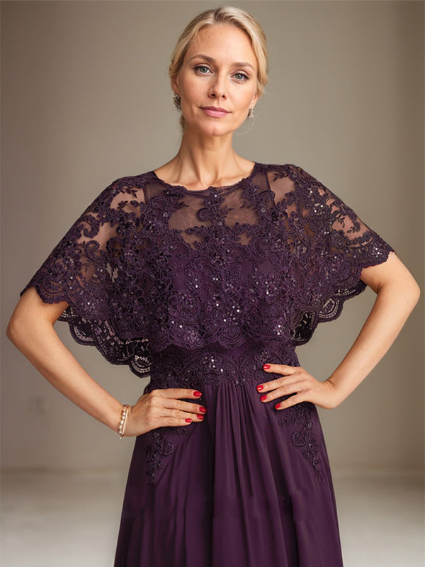 Abito da madre della sposa in chiffon di pizzo con scollo a barca, linea a trapezio, lunghezza fino al pavimento, con applicazioni di paillettes