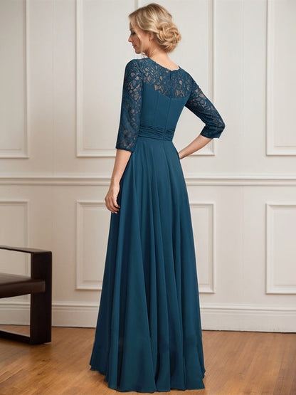 A-Linie U-Ausschnitt Illusion Bodenlang Spitze Chiffon Mutter der Braut Kleid Mit Plissee 