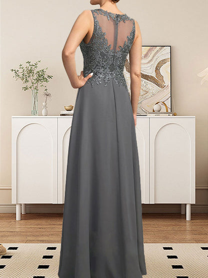 A-Linie, U-Ausschnitt, Illusion, bodenlanges Spitzen-Chiffon-Kleid für die Brautmutter mit Pailletten