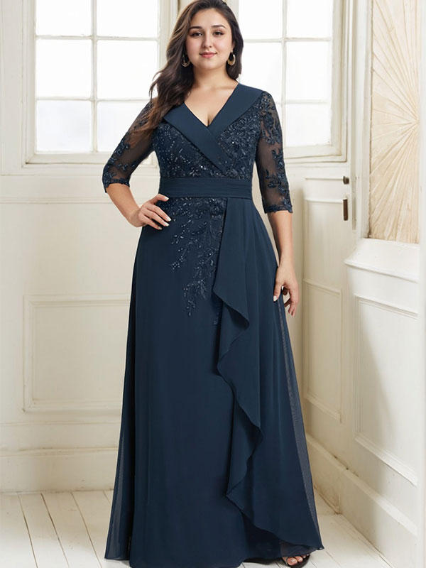 Abito da madre della sposa in chiffon di pizzo a linea ad A, con collo, scollo a V, lunghezza fino al pavimento, paillettes e balze a cascata