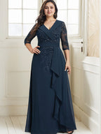 Abito da madre della sposa in chiffon di pizzo a linea ad A, con collo, scollo a V, lunghezza fino al pavimento, paillettes e balze a cascata