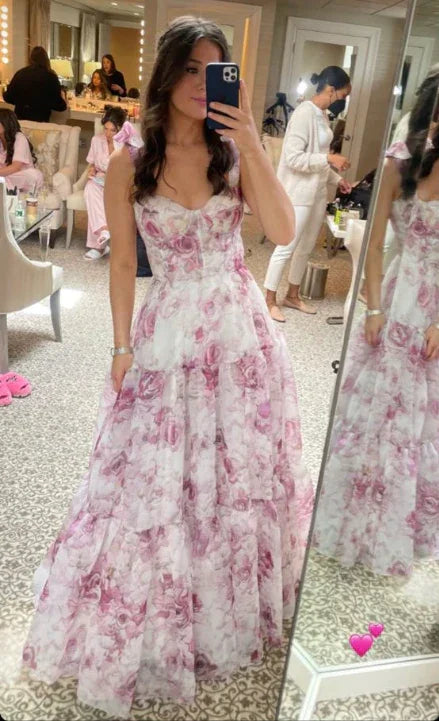 Abito da sera a linea A con stampa di rose in chiffon grazioso Y8498
