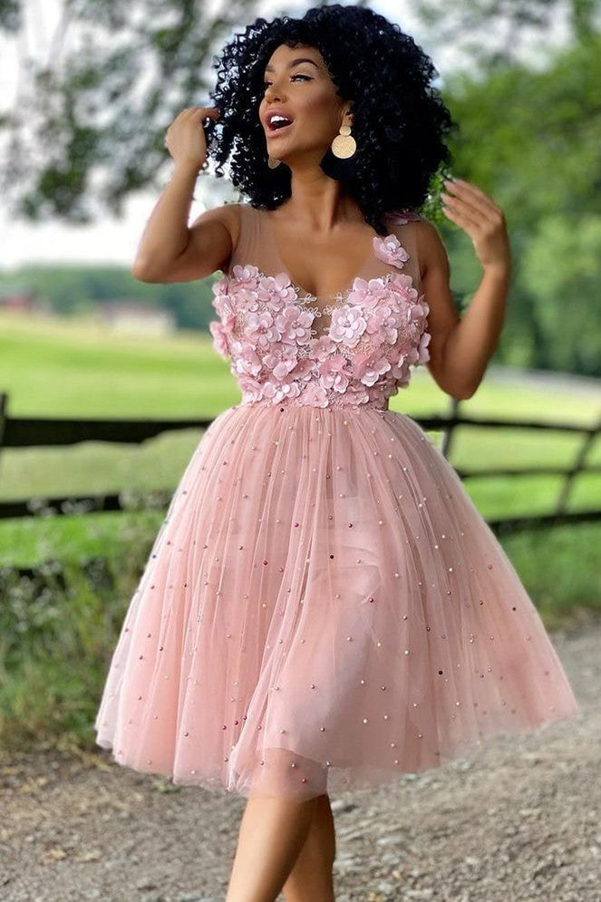 A-Line Beaded Tulle Homecoming Dress with Flowers