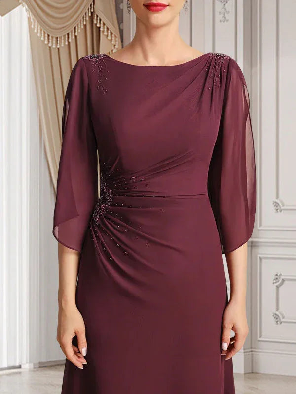 Vestido de madrina de novia de gasa largo hasta el suelo con corte columna y fajín plisado con cuentas