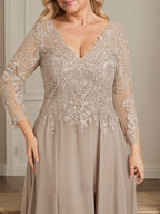 Robe de mère de la mariée en mousseline de soie à dentelle, longueur au sol, en ligne A, col en V, ornée de paillettes