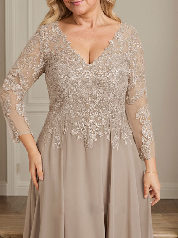 Robe de mère de la mariée en mousseline de soie à dentelle, longueur au sol, en ligne A, col en V, ornée de paillettes