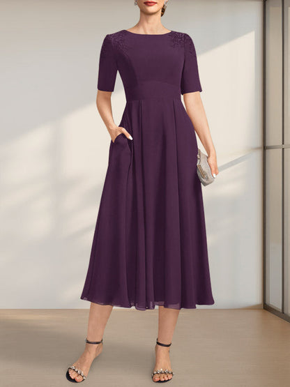 A-Linie U-Ausschnitt Wadenlang Chiffon Kleid für die Brautmutter mit Applikationen Spitze Pailletten