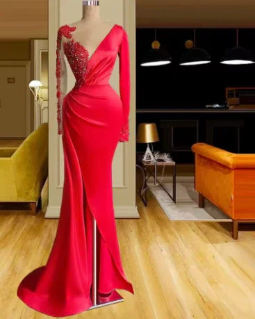 Long Red Satin Evening Dresses Sheer Neckline Long Sleeve Beaded African High Slit Women Formal Prom Dress S24678
