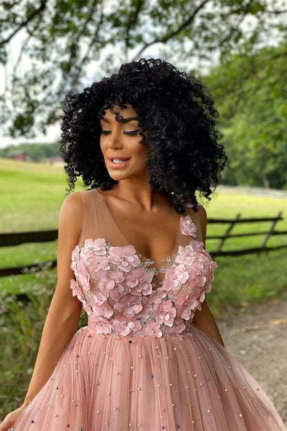 Vestido de fiesta de tul con cuentas y flores, corte A